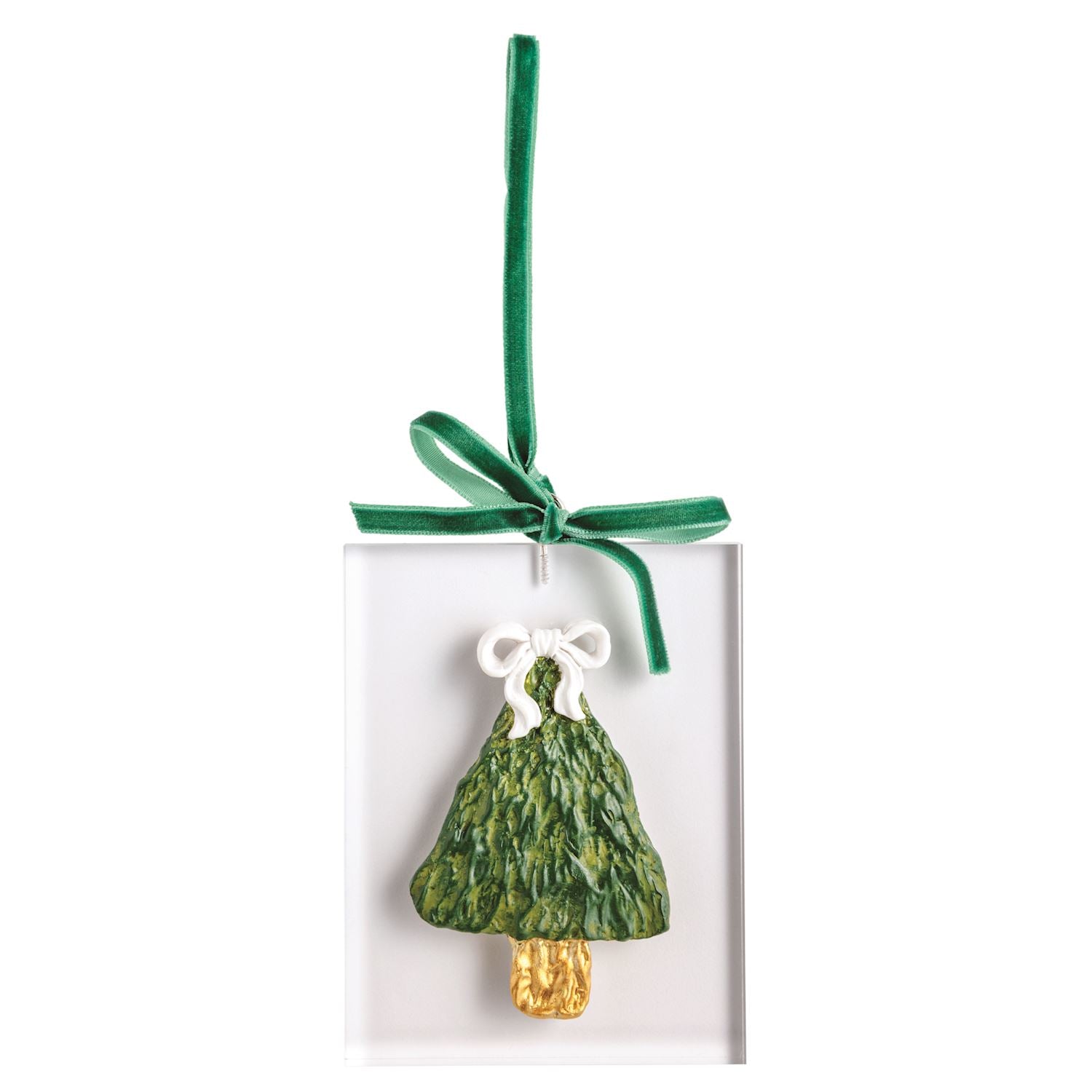 Acrylic ornament with a painted tree and green velvet bow