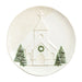 White round platter with a raised church and pressed lace border