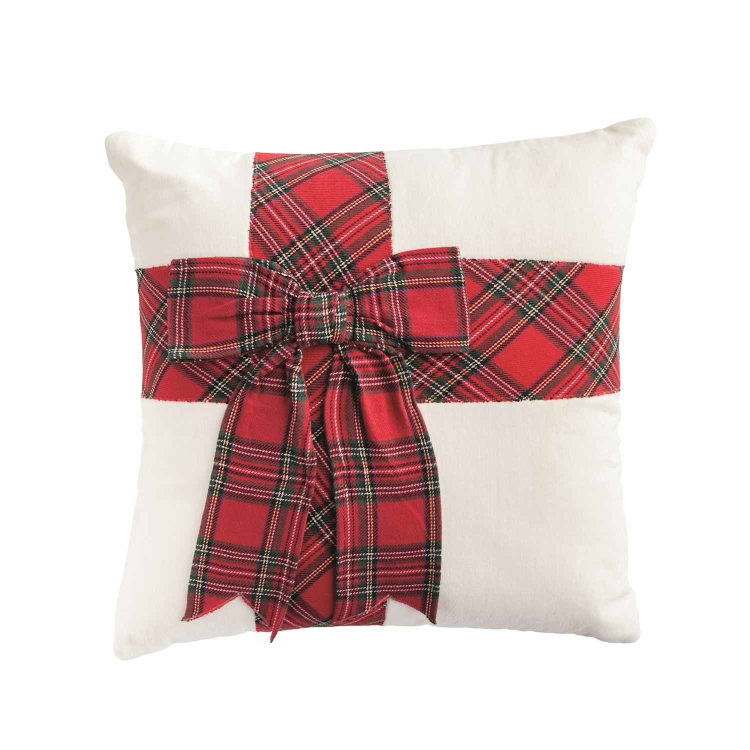 Cream velvet pillow with a red tartan bow