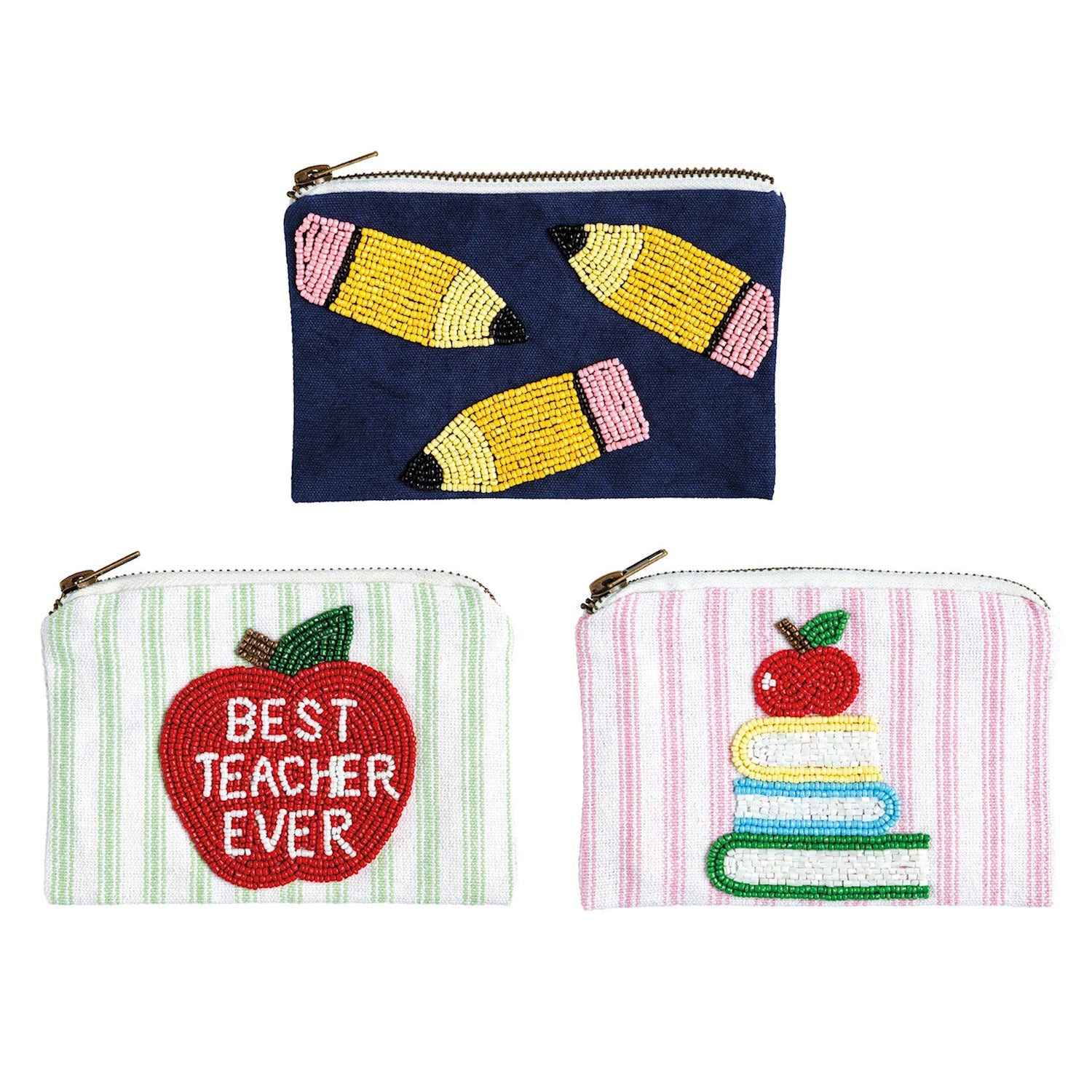 Three beaded zip pouches with pencils, an apple and books designs