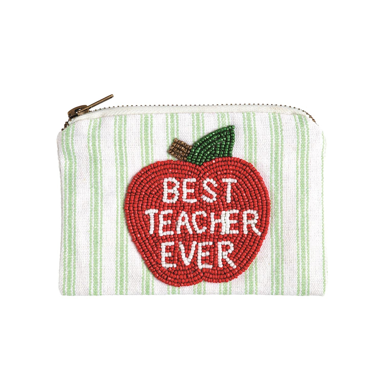 Green striped beaded zip pouch with a red apple that says Best Teacher Ever