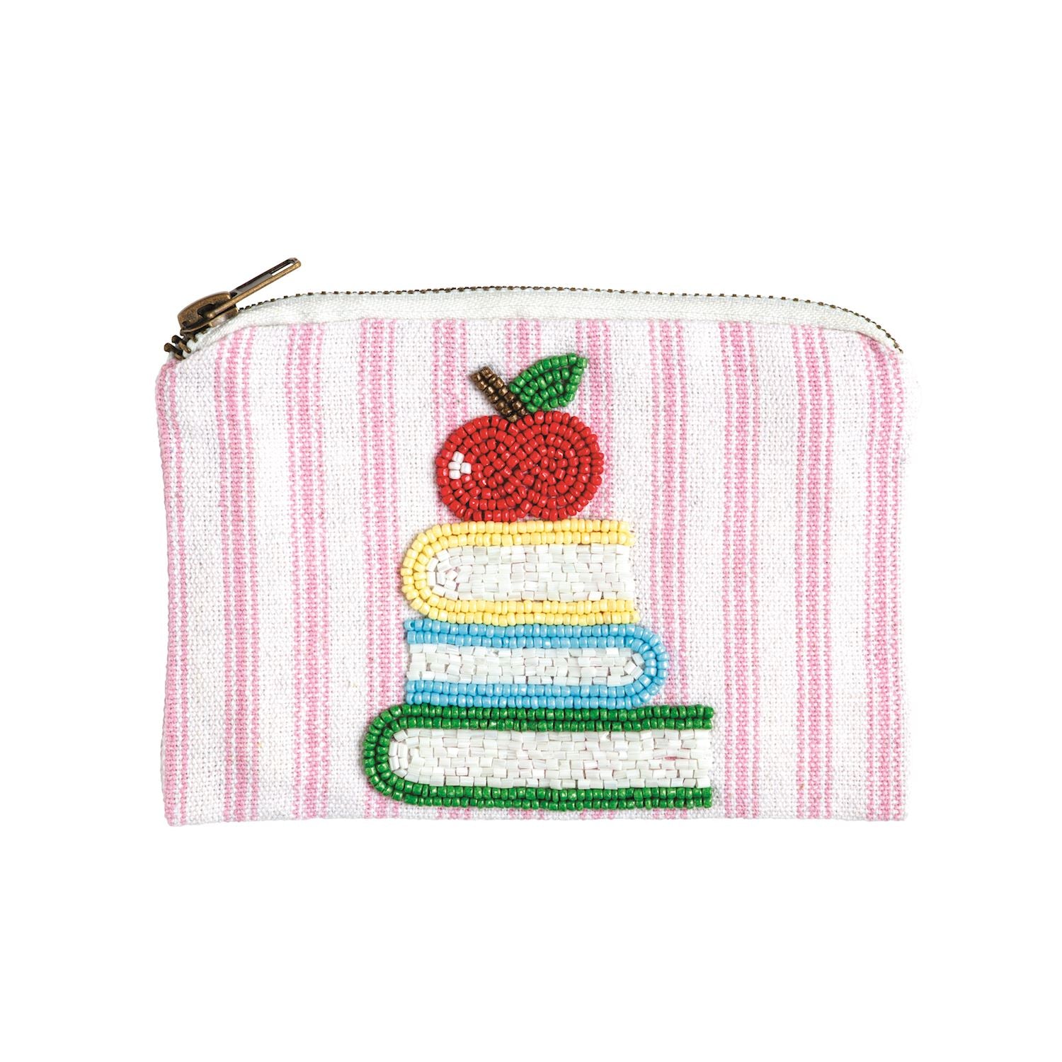 Pink striped beaded zip pouch with a stack of books and an apple