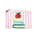 Pink striped beaded zip pouch with a stack of books and an apple