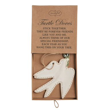 Turtle dove ornament in a kraft gift box with a printed sentiment