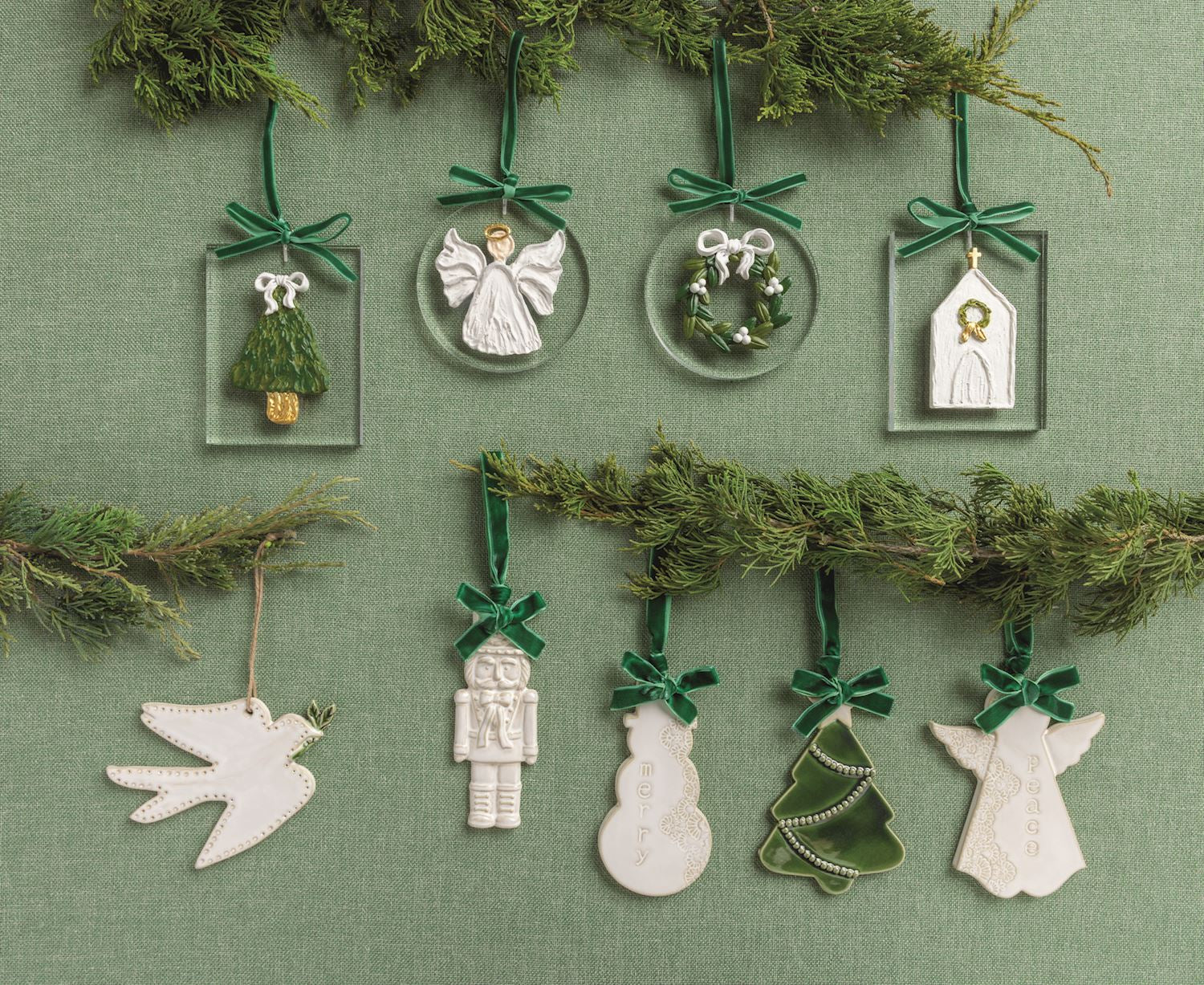 Turtle dove ornaments displayed with greenery
