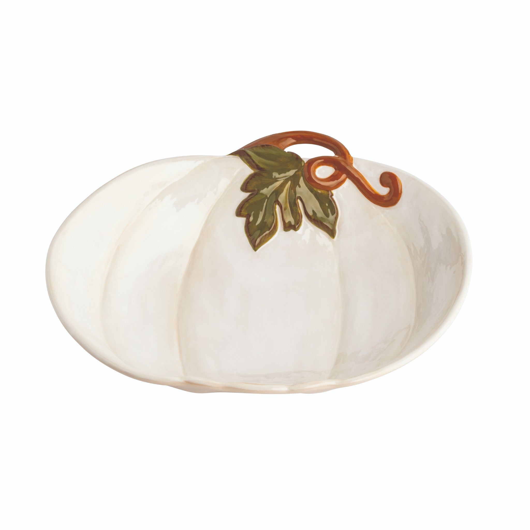 White stoneware pumpkin-shaped bowl with a green leaf and brown stem