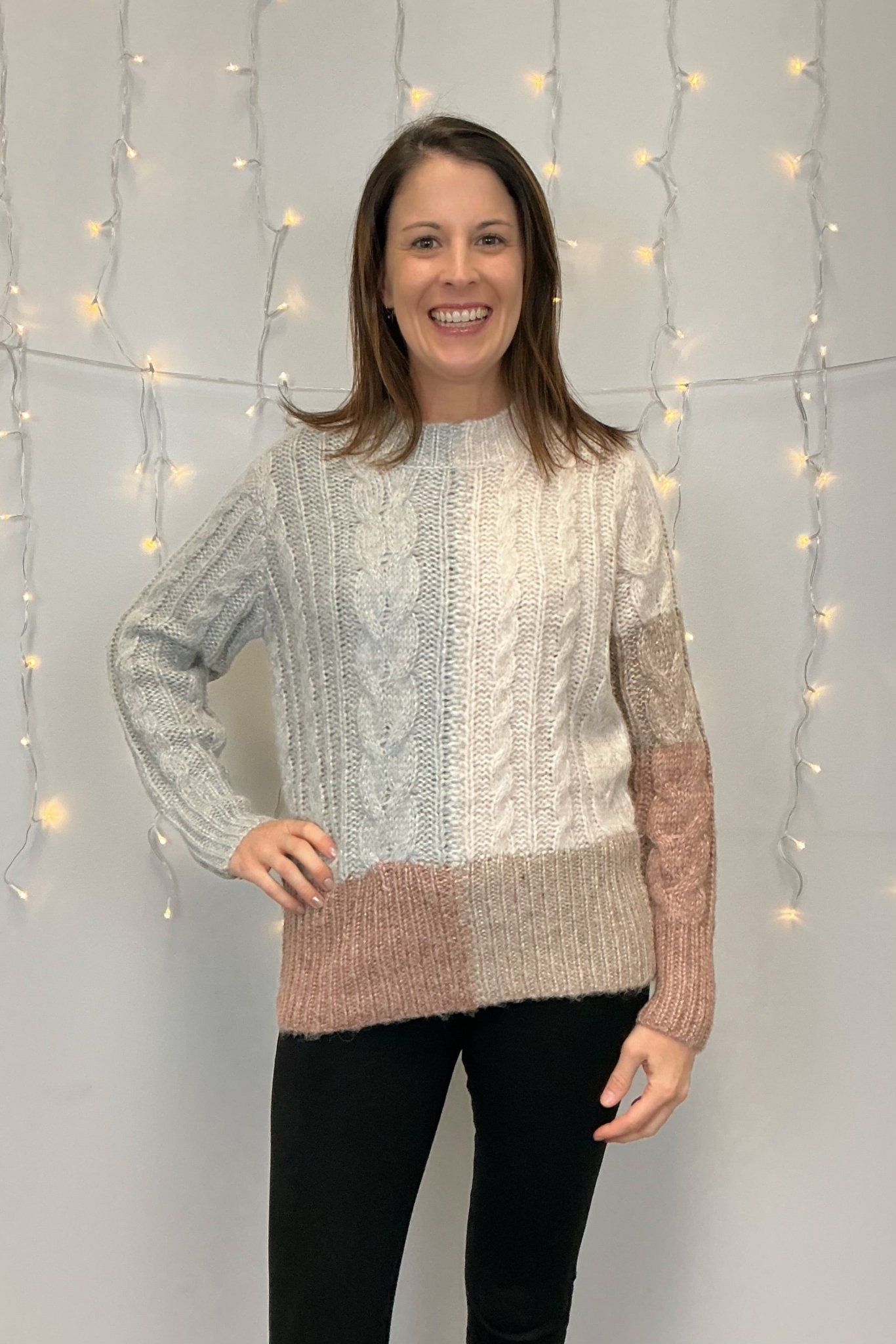 Mystree Color Blocked Cable Sweater - Mystree