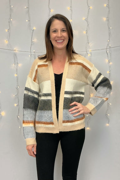 Mystree Fuzzy Color Blocked Sweater Cardigan - Mystree