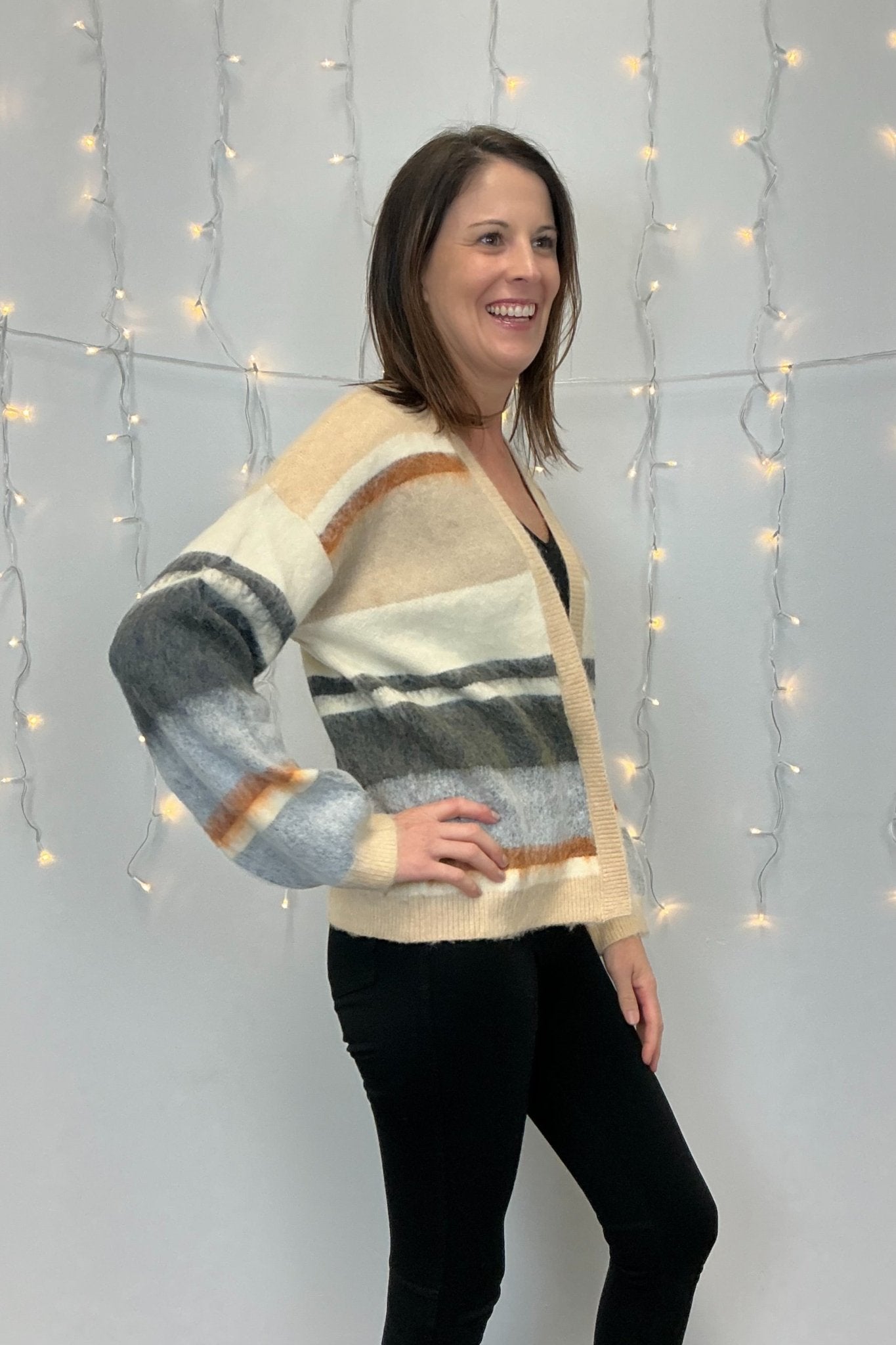 Mystree Fuzzy Color Blocked Sweater Cardigan - Mystree