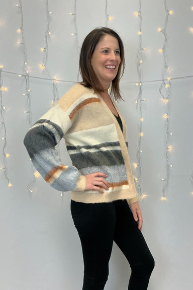 Mystree Fuzzy Color Blocked Sweater Cardigan - Mystree