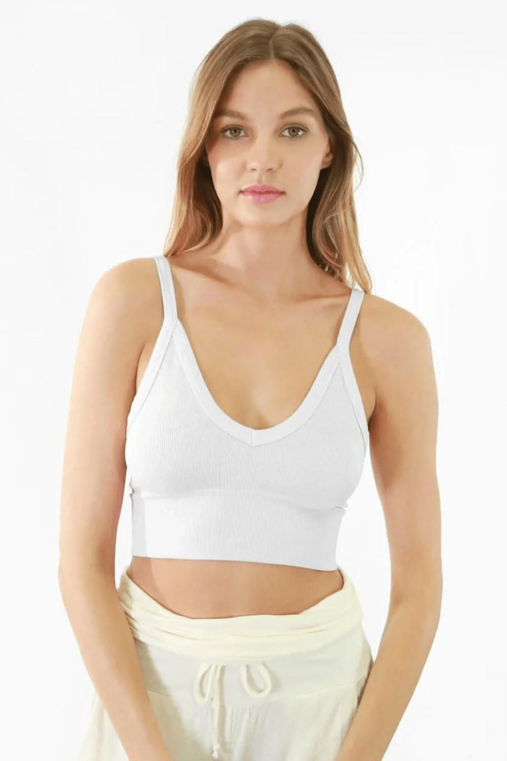 NikiBiki Ribbed V-Neck Bra Top- White - NikiBiki