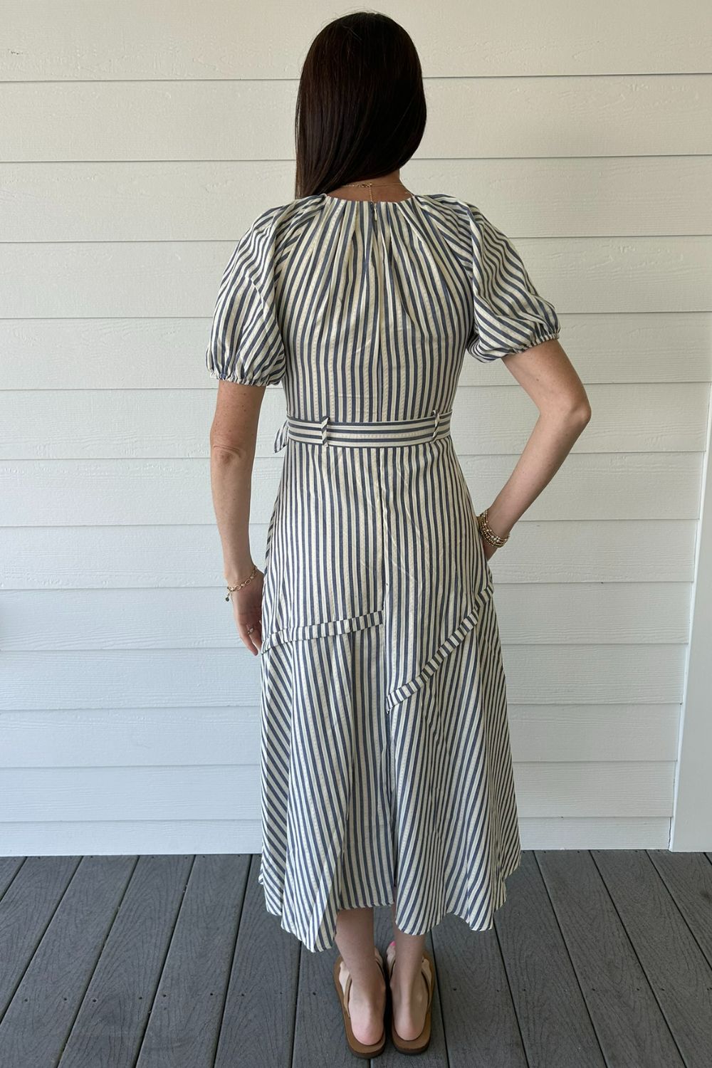 Puff Sleeve Dress with Belt in Navy Stripe - Zoe and Claire