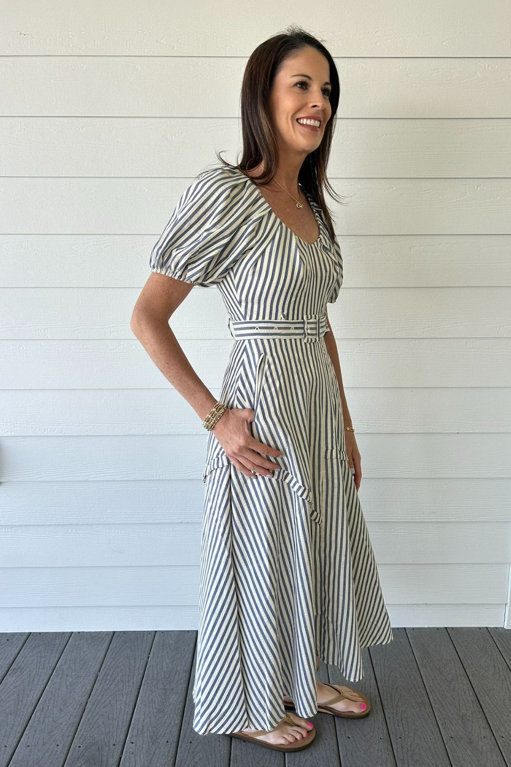 Puff Sleeve Dress with Belt in Navy Stripe - Zoe and Claire