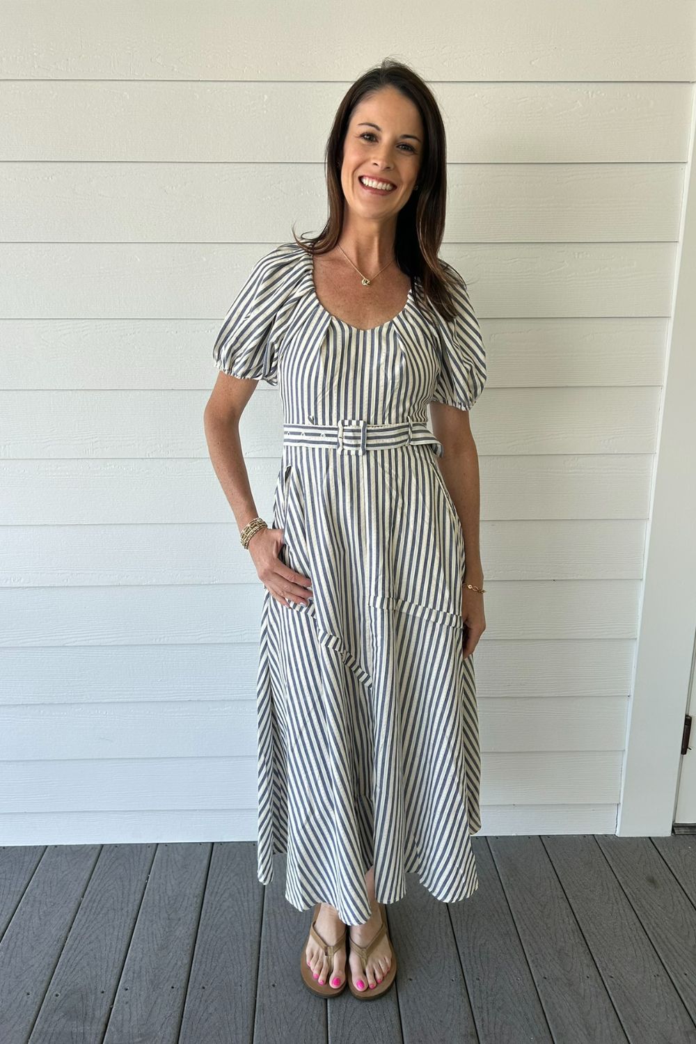 Puff Sleeve Dress with Belt in Navy Stripe - Zoe and Claire
