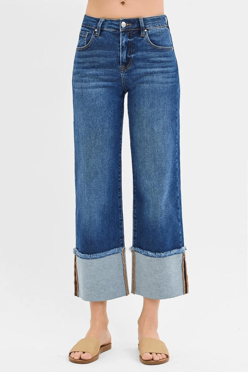 Risen Mid Rise Wide Leg Cuffed Jean - Dark Wash - Risen Jeans
