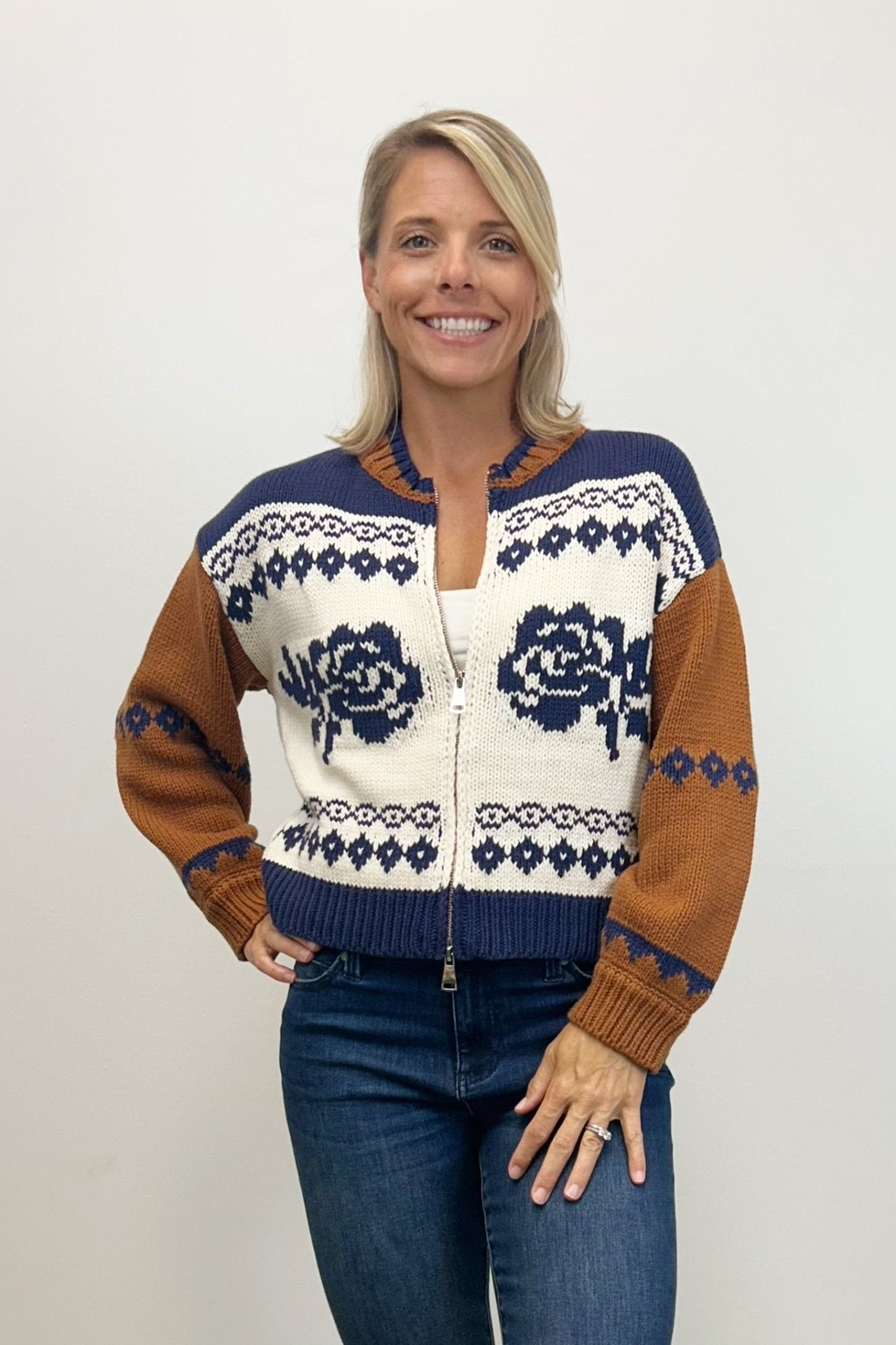 Sadie & Sage Sweet Rose Jacquard Zip Sweater Jacket - Sage the Label