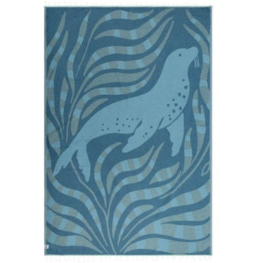 Blue rug with a seal and seaweed design on a white background