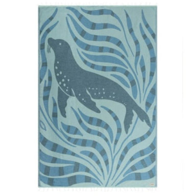 Rug with a seal design in blue and gray on a white background