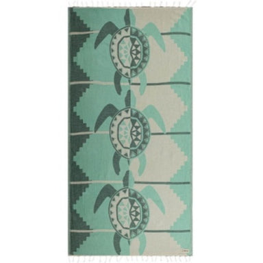 Towel with turtle and circular design on a green and beige background
