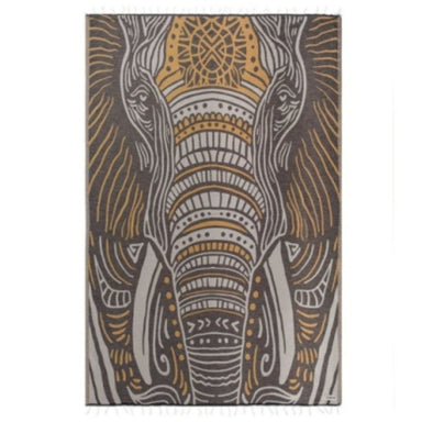 Decorative rug with elephant design on a white background