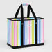 Striped tote bag with a visible brand logo on a light gray background