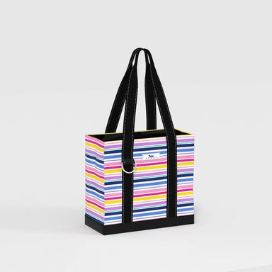 Tote bag with colorful striped pattern on a white background
