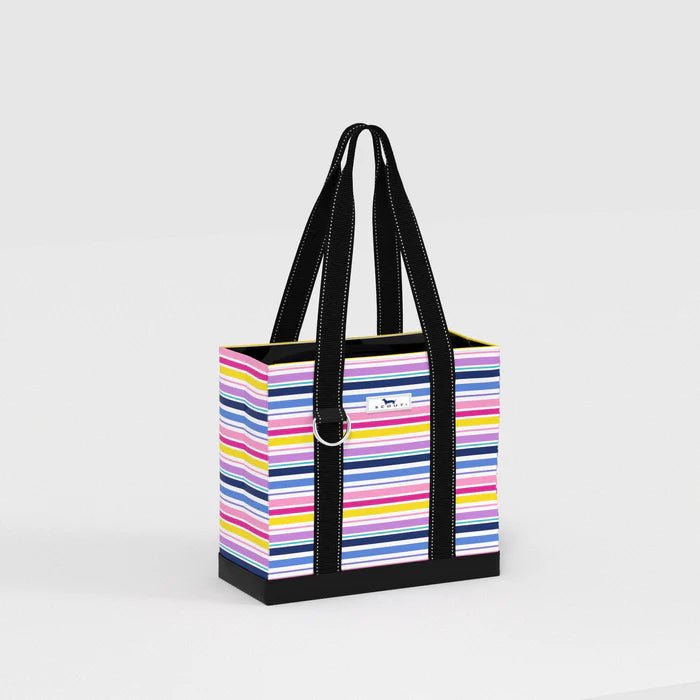 Tote bag with colorful striped pattern on a white background