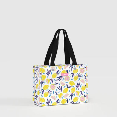 Tote bag with lemon pattern on a light gray background