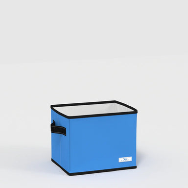 Blue storage box with a black handle on a light gray background