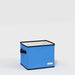 Blue storage box with a black handle on a light gray background
