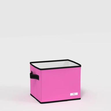 Pink storage box with black trim on a light pink background