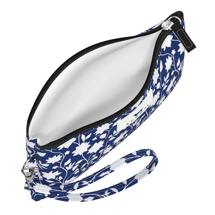 Blue and white floral patterned pouch with a strap on a white background