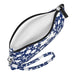 Blue and white floral patterned pouch with a strap on a white background