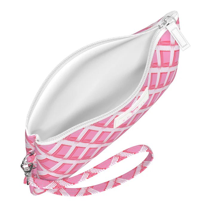 Pink and white patterned pouch with a strap on a white background