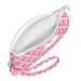 Pink and white patterned pouch with a strap on a white background