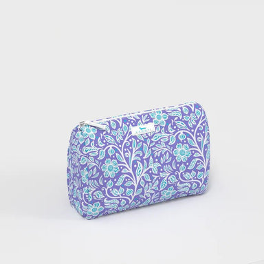 Purple cosmetic bag with floral pattern on a white background