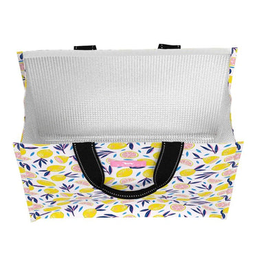 Floral-patterned tote bag with a white mesh back on a white background