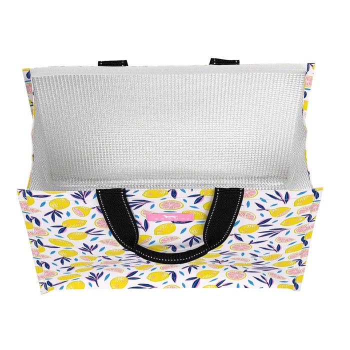 Floral-patterned tote bag with a white mesh back on a white background