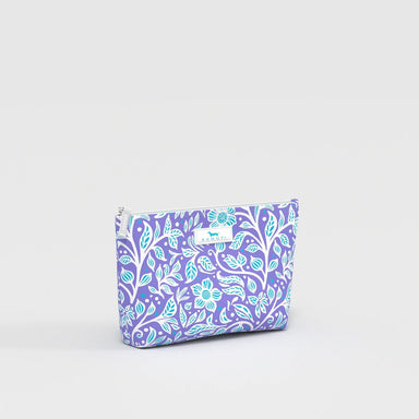 Purple pouch with floral pattern on a white background