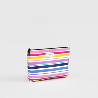 Striped pouch with colorful horizontal stripes on a light gray background