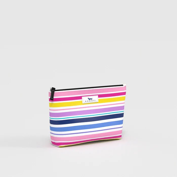 Striped pouch with colorful horizontal stripes on a light gray background