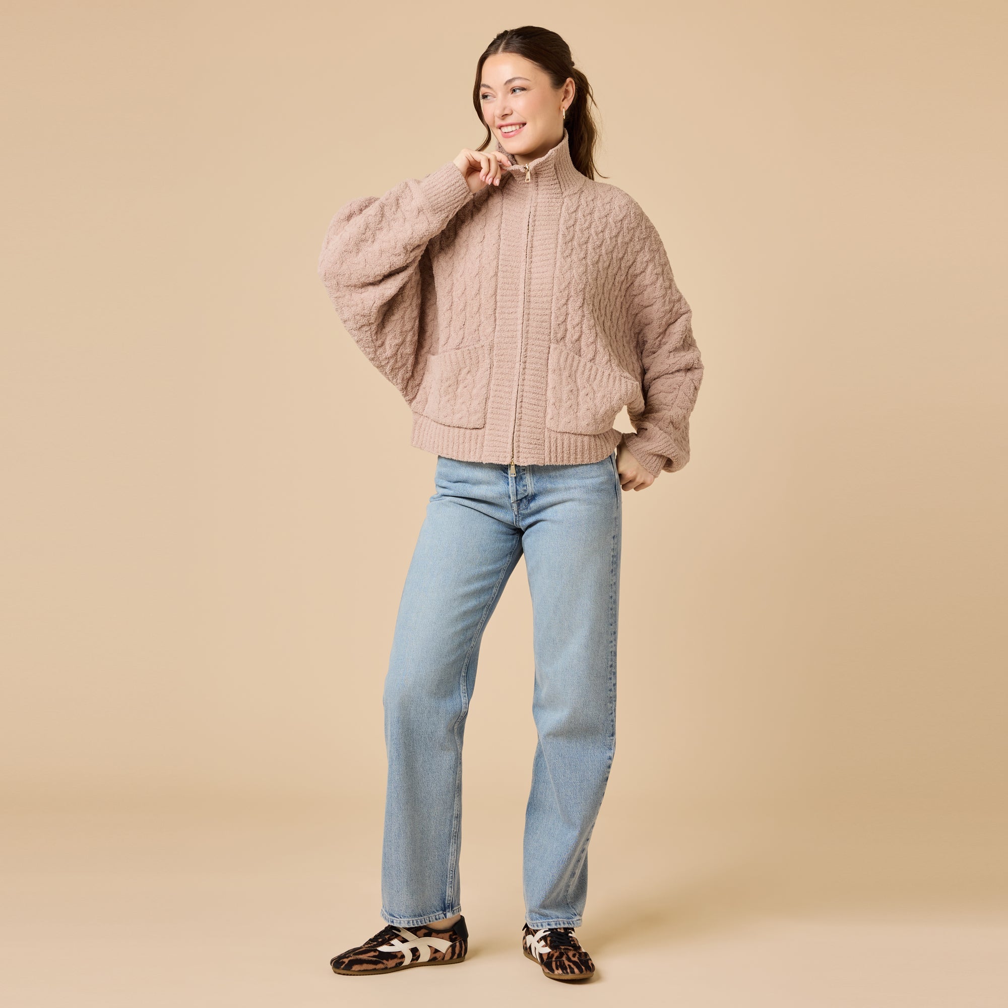 Softies Cable Knit Marshmallow Funnel Neck Double Zip Jacket Coco - Softies
