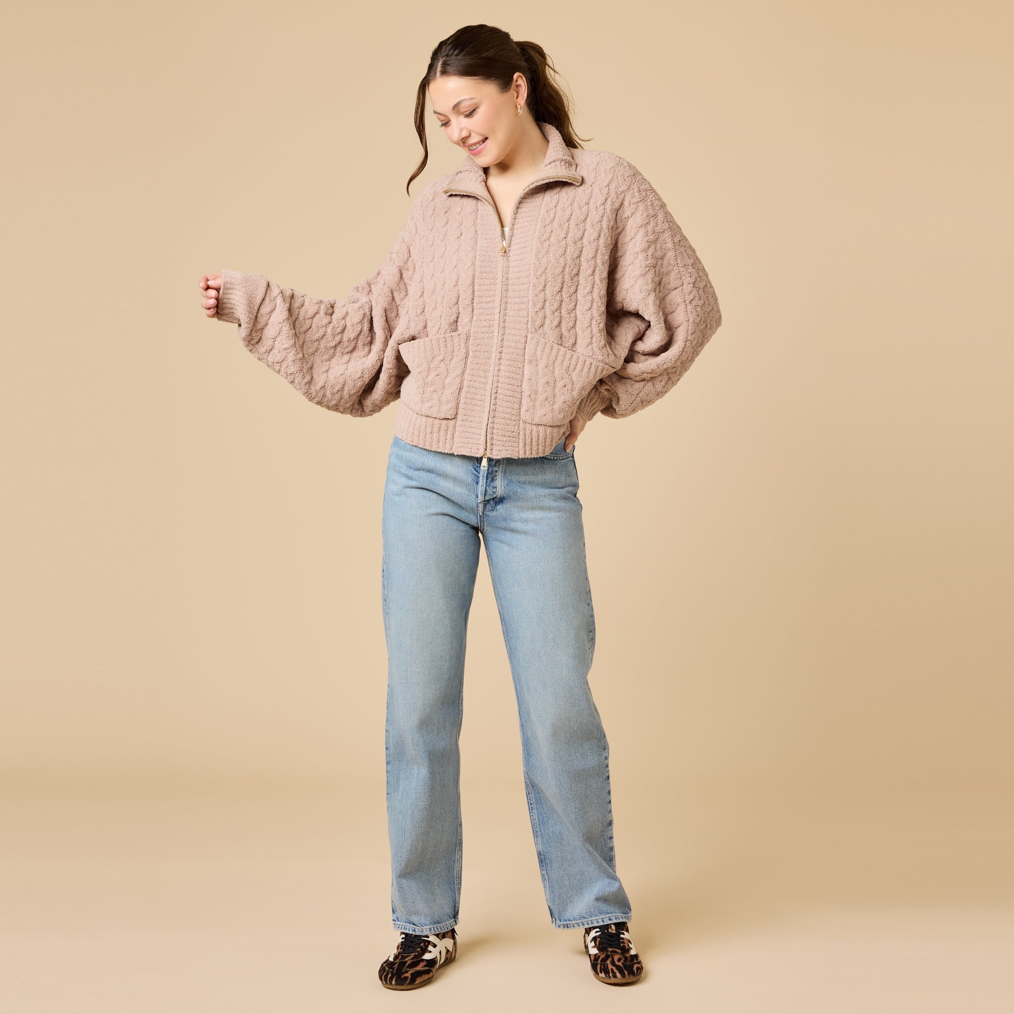 Softies Cable Knit Marshmallow Funnel Neck Double Zip Jacket Coco - Softies