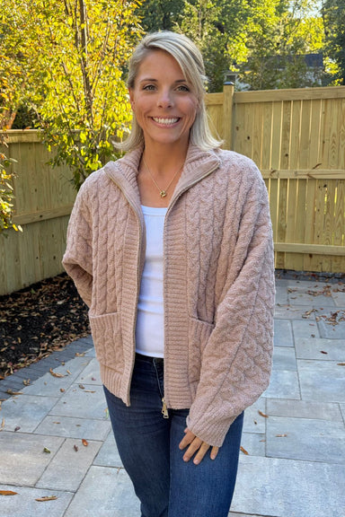 Softies Cable Knit Marshmallow Funnel Neck Double Zip Jacket Coco - Softies