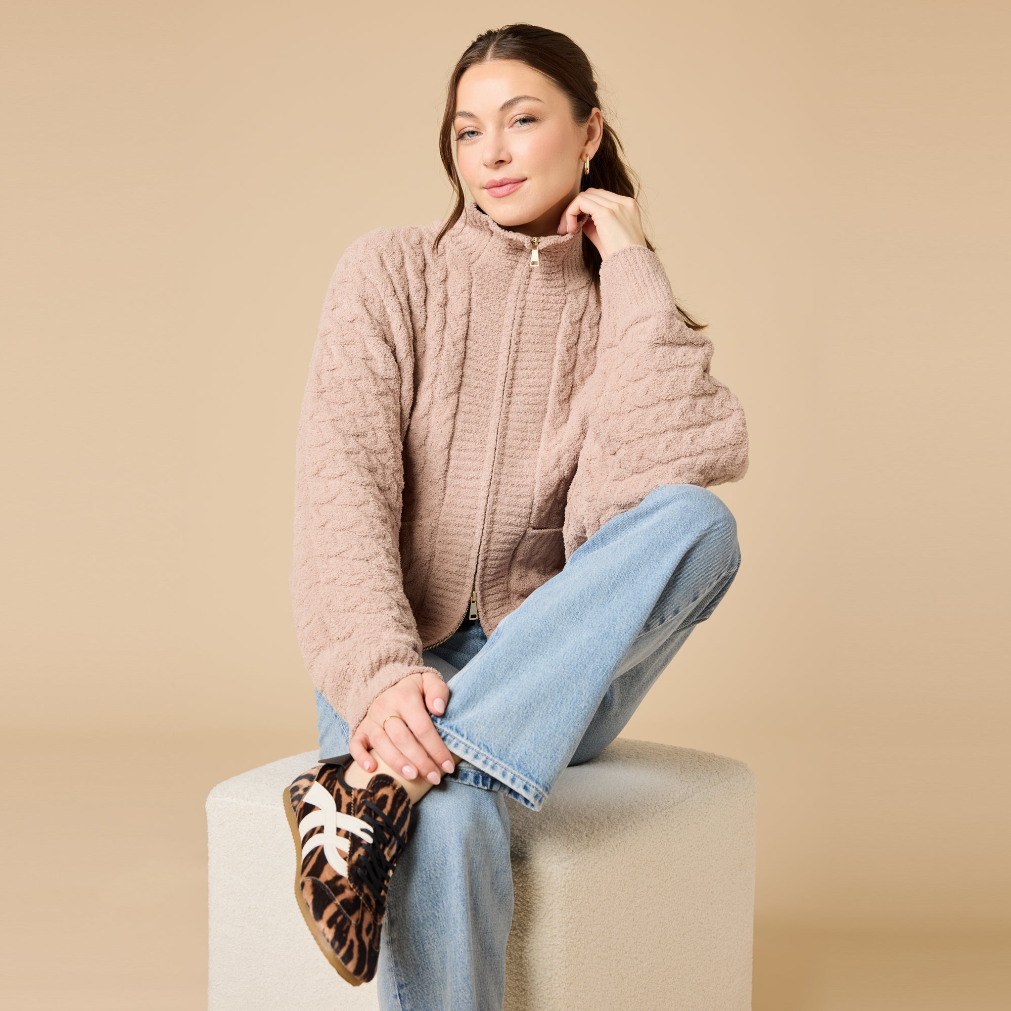 Softies Cable Knit Marshmallow Funnel Neck Double Zip Jacket Coco - Softies
