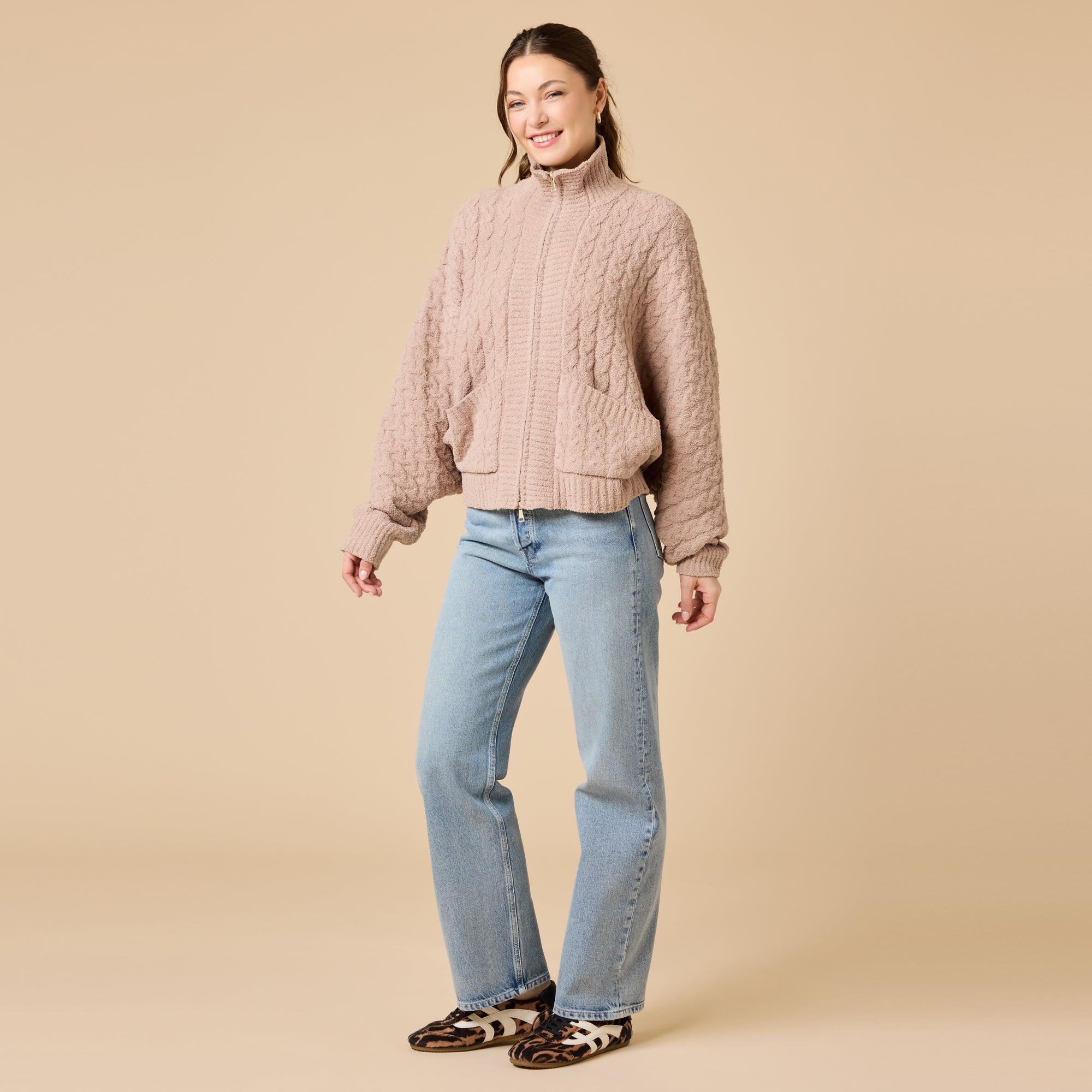 Softies Cable Knit Marshmallow Funnel Neck Double Zip Jacket Coco - Softies
