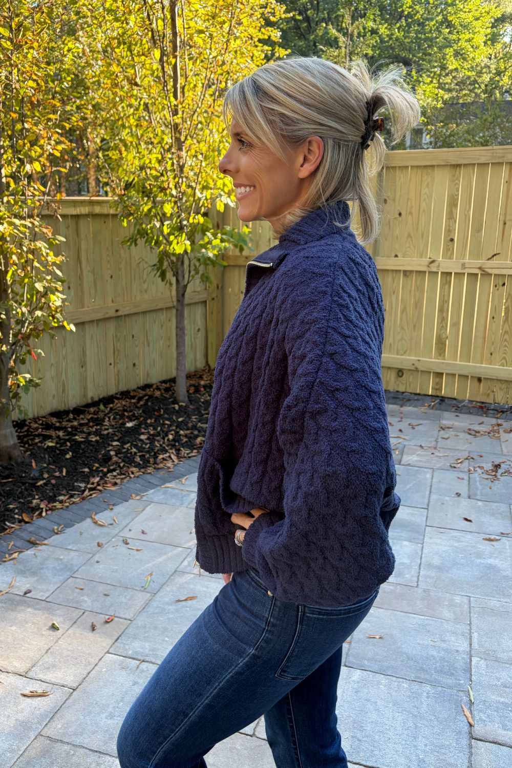 Softies Cable Knit Marshmallow Funnel Neck Double Zip Jacket Midnight - Softies