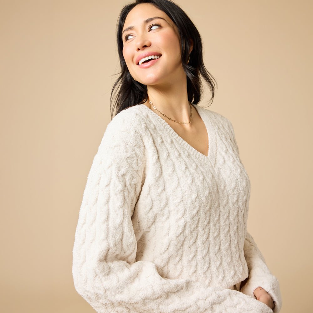 Softies Cable Knit Marshmallow V-Neck with Flared Sleeve and Pant Almond - Softies