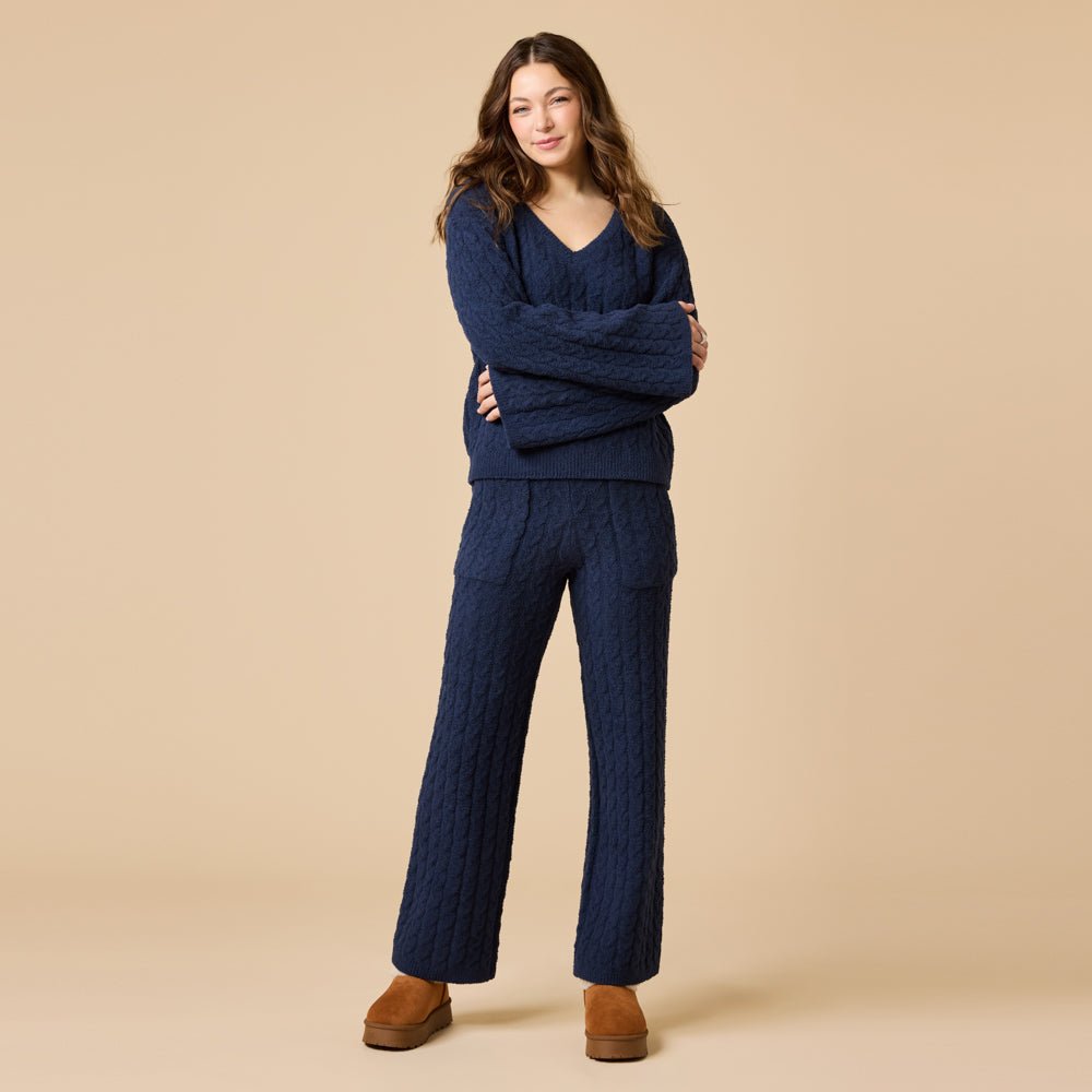 Softies Cable Knit Marshmallow V-Neck with Flared Sleeve and Pant Midnight - Softies