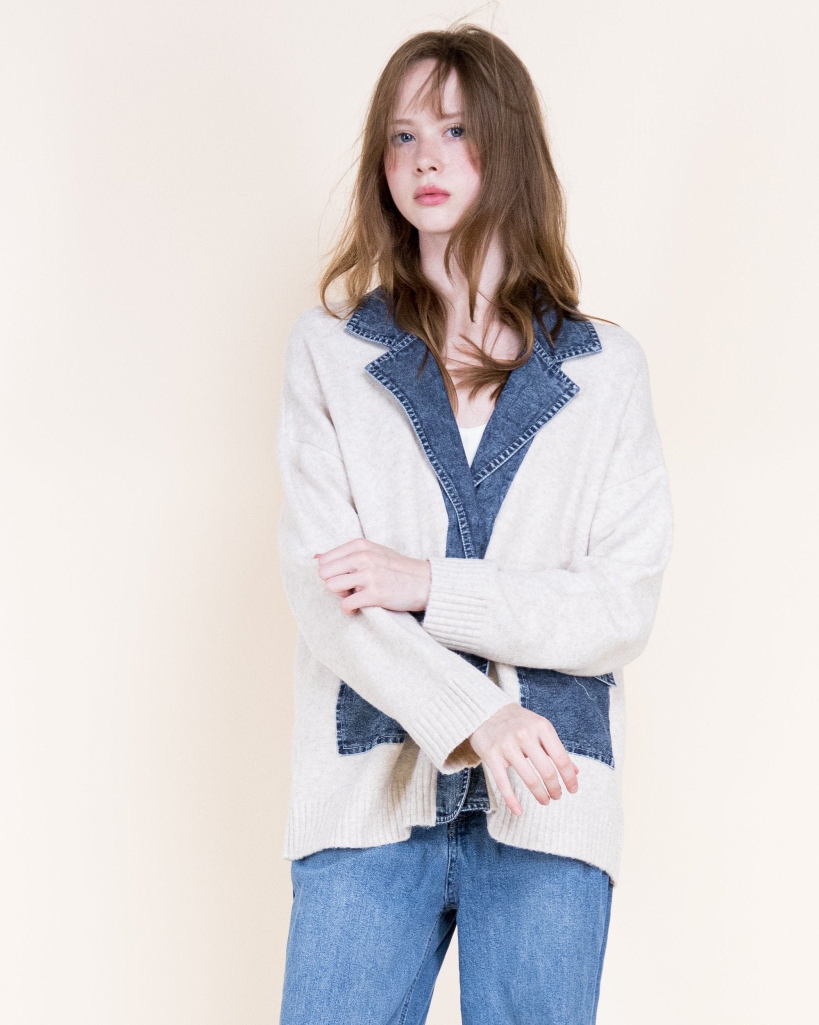 Soho Denim Trim Cardigan - Beige - Very Moda